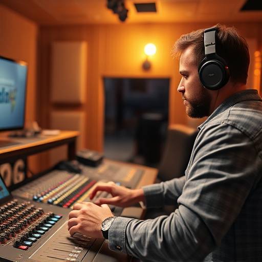 Mixing engineer working on a large analog mixing console in the control room at Sonic Haven Studios