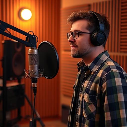 Voice-over artist speaking into a microphone in a sound booth at Sonic Haven Studios